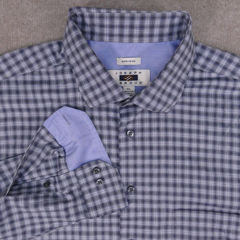 Joseph Abboud Shirt Mens XL Gray Blue Plaid Button Up Long Sleeve